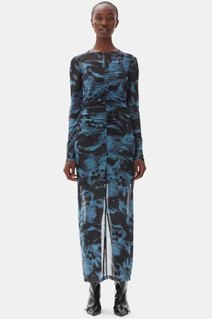 Ganni Blue Printed Mesh O-Neck Ruched Long Kjole I Dame Størrelse 34
