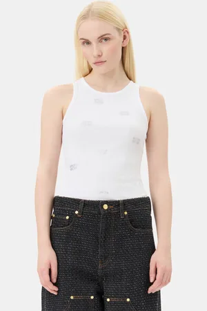 Ganni White Rhinestone Butterfly Tanktop Dame Størrelse Xs