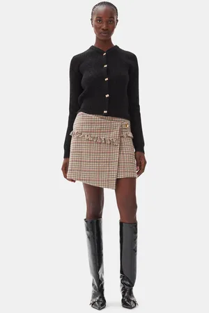 Ganni Check Asymmetrical Wrap Mininederdel I Beige Dame Størrelse 38 Nylon/Genanvendt Polyester/Genanvendt Uld