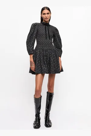 Ganni Black Printed Mini Smock Kjole I Mixed Dame Størrelse 44