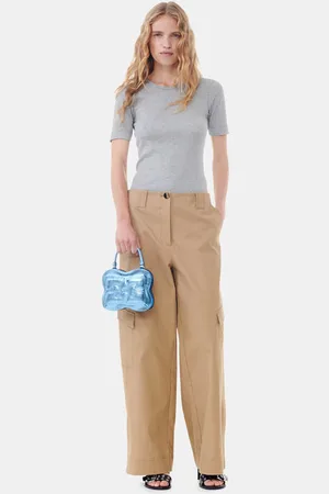 Ganni Brown Herringbone Canvas Mid Waist Bukser I Beige Dame Størrelse 40