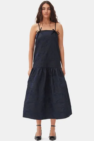 Ganni Navy Blue Botanical Jacquard Strap Midikjole I Dame Størrelse 36
