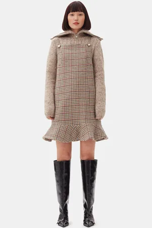 Ganni Check Minikjole I Beige Dame Størrelse 44 Nylon/Genanvendt Polyester/Genanvendt Uld