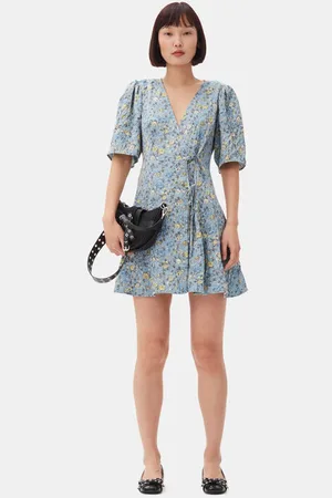 Ganni Blue Floral Printed Crinkled Satin Mini Wrap Kjole I Dame Størrelse 44
