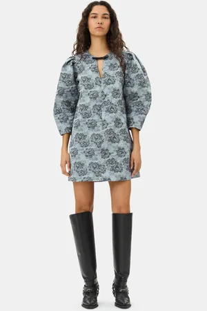 Ganni Blue Floral Jacquard A-Line Minikjole I Dame Størrelse 34