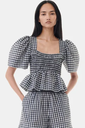 Ganni Seersucker Check Open-Neck Smock-Bluse I White Dame Størrelse 44/Polyamid