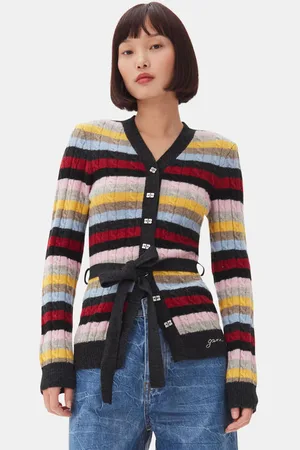 Ganni Stripe Belt Cardigan I Mixed Dame Størrelse M