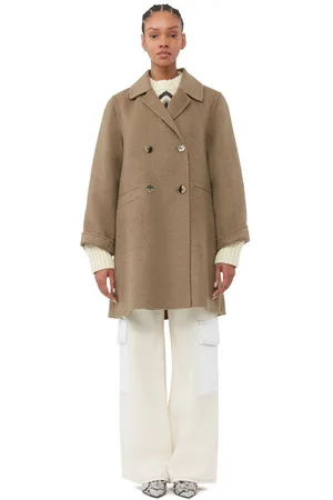 Ganni Brown Wool Midi Jakke I Dame Størrelse 36 Genanvendt Polyester/Genanvendt Uld Langærmet