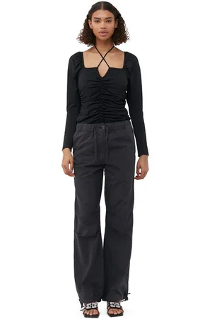 Ganni Shiny Crepe Jersey Ruched Bluse I Dame Størrelse 36 Langærmet