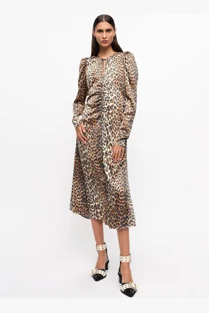 Ganni Print Satin Ruched Midikjole I Mixed Dame Størrelse 34 Spandex/Viskose