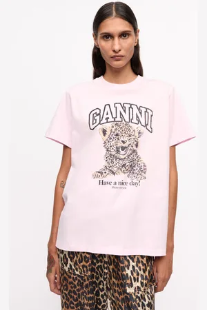Ganni Pink Basic Jersey Leopard Relaxed T-Shirt I Dame Størrelse Xs