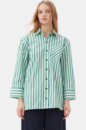 Ganni Green Striped Cotton Oversized Skjorte I Dame Størrelse 40