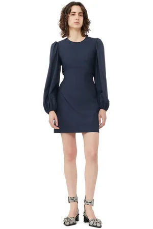 Ganni Blue Drapey Melange Open Back Minikjole I Navy Dame Størrelse 44 Langærmet