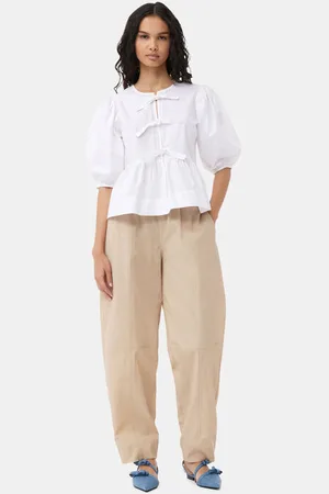 Ganni Beige Elasticated Curve Bukser I Safari Dame Størrelse 34