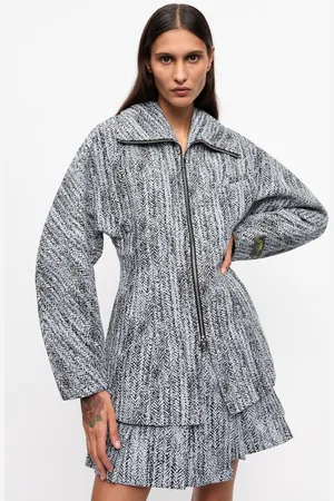 Ganni Blue Cotton Tweed Curve Sleeve Jakke I Dame Størrelse 34