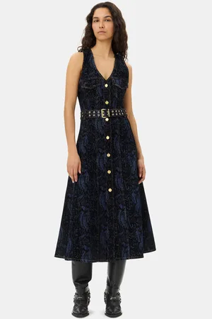 Ganni Snake Print Denim Midikjole I Navy Dame Størrelse 38