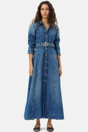 Ganni Dark Blue Denim Maxikjole I Dame Størrelse 36