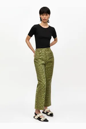 Ganni Green Leopard Betzy Cropped Jeans I Dame Størrelse 25