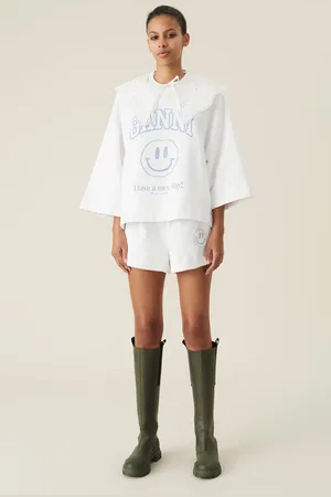 Ganni Isoli Shorts Med Smiley I Blue Dame Størrelse L Bomuld/Polyester/Genanvendt Bomuld
