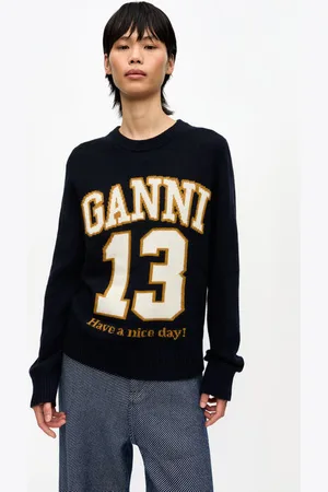 Ganni Mørkeblå Grafisk Baseballsweater I Uldblanding I Navy Dame Størrelse S