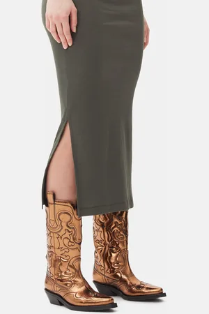 Ganni Gold Metallic Mid Shaft Embroidered Westernstøvler I Dame Størrelse 36 Polyurethane/Genanvendt Polyester/Viskose