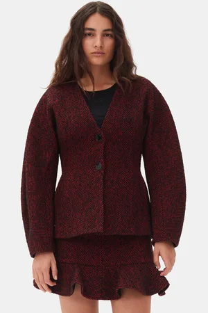 Ganni Red Herringbone Wool Curve Sleeve Blazer I Dame Størrelse 32 Akryl/Nylon/Genanvendt Polyester