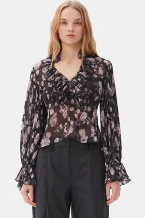 Ganni Floral Printed Pleated Georgette Bluse I Mixed Dame Størrelse 40 Genanvendt Polyester