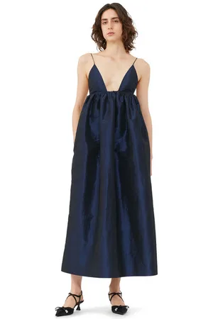 Ganni Blue Shiny Taffeta Stropkjole I Dame Størrelse 44 Med Stropper