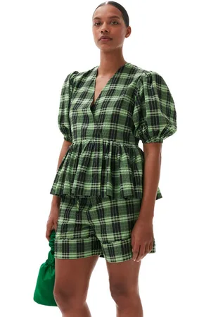 Ganni Green Seersucker Check Wrap Bluse I Dame Størrelse 34/Genanvendt Polyester Ballonærmer