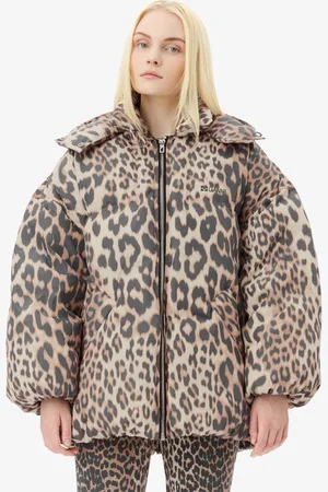 Ganni Leopard Midi Dynejakke I Dame Størrelse L/Xl Genanvendt Polyester