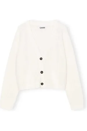 Ganni Løs Cardigan I White Dame Størrelse L Alpaca/Merino Uld/Polyamid Long Sleeved