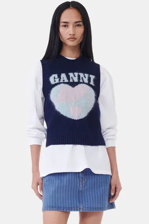 Ganni Navy Graphic Soft Wool Mix Vest Dame Størrelse Xl Alpaca/Mohair/Genanvendt Nylon