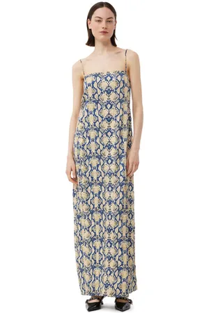 Ganni Snake Printed Crinkled Satin Slip Midikjole I Dame Størrelse 44 Med Stropper