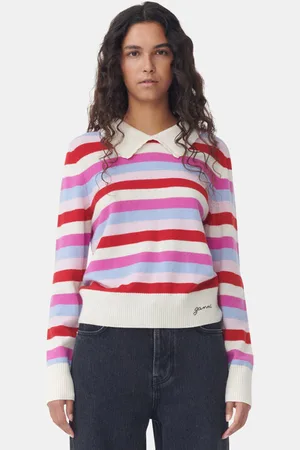 Ganni Striped Collar Pullover I White Dame Størrelse M