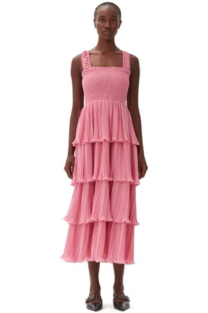 Ganni Pink Pleated Georgette Flounce Smock Midikjole I Dame Størrelse 44 Genanvendt Polyester