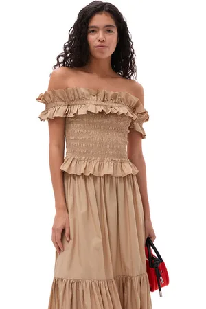 Ganni Cotton Poplin Off-Shoulder Smock Top I Dame Størrelse 40 Uden Ærmer