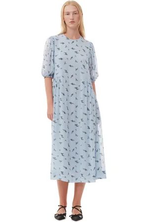 Ganni Printed Georgette Puff Sleeve Midikjole I Blue Dame Størrelse 38 Viskose Kortærmet