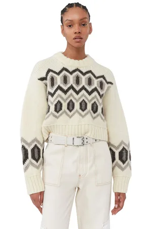 Ganni White Chunky Wool Cropped O-Neck Sweater Dame Størrelse Xl Økologisk Uld Langærmet