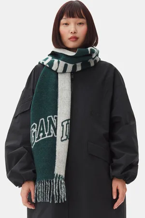 Ganni Green Fringed Wool Halstørklæde I Genanvendt Uld/Uld