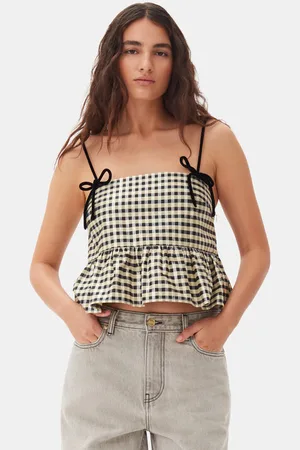 Ganni Shiny Check Jacquard Top I Dame Størrelse 44 Økologisk Bomuld/Polyester