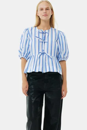 Ganni Blue Striped Cotton Poplin Peplum Tie Bluse I Dame Størrelse 46