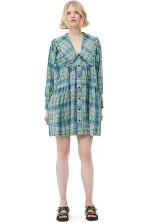 Ganni Seersucker Check Wide Shirt Kjole I Dame Størrelse 40/Genanvendt Polyester Langærmet Mini