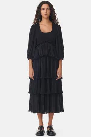 Ganni Pleated Georgette Flounce Smock Midikjole Dame Størrelse 38 Genanvendt Polyester