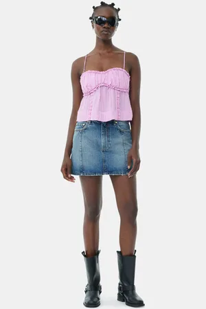 Ganni Sparkle Logo Denim Mininederdel I Dame Størrelse 42