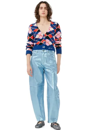 Ganni Graphic Cotton V-Neck Cardigan I Dame Størrelse S Langærmet