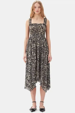 Ganni Printed Pleated Georgette Smock Midikjole I Dame Størrelse 44 Genanvendt Polyester