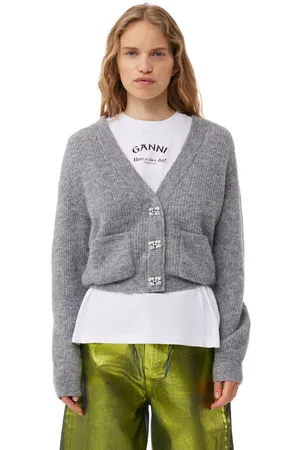 Ganni Grey Soft Wool Cardigan Dame Størrelse 4Xl