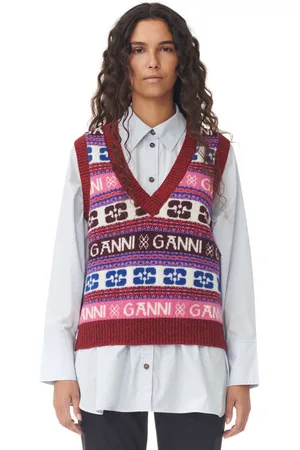 Ganni Pink Logo Wool Mix Vest I Mixed Dame Størrelse Xl