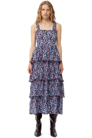 Ganni Pleated Georgette Flounce Smock Midikjole I Mixed Dame Størrelse 38 Genanvendt Polyester Med Stropper