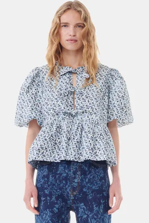 Ganni Floral Printed Cotton Poplin Peplum Bluse I Dame Størrelse 48